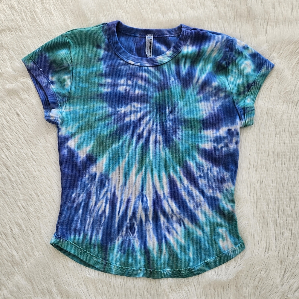 Free People Movement Ribbed T-Shirt Hand Tie Dyed Blue and green